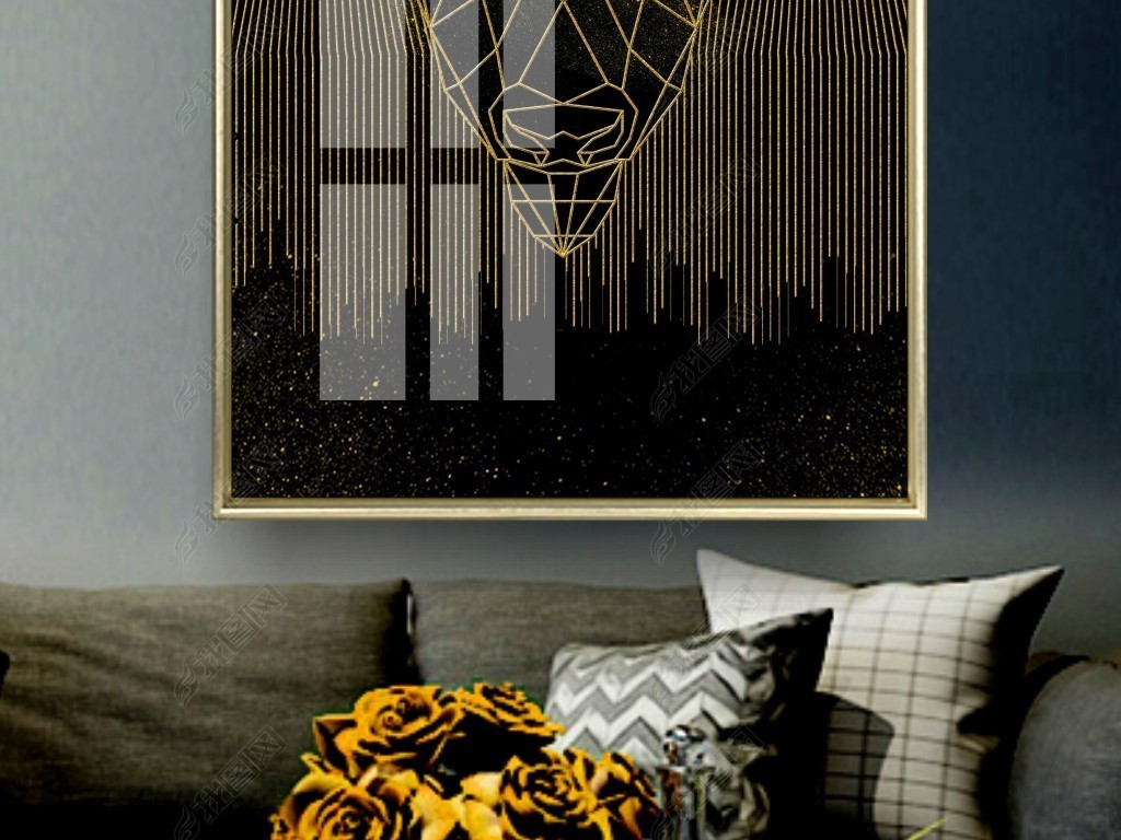 北欧抽象黑金几何线条羊头创意动物轻奢装饰画