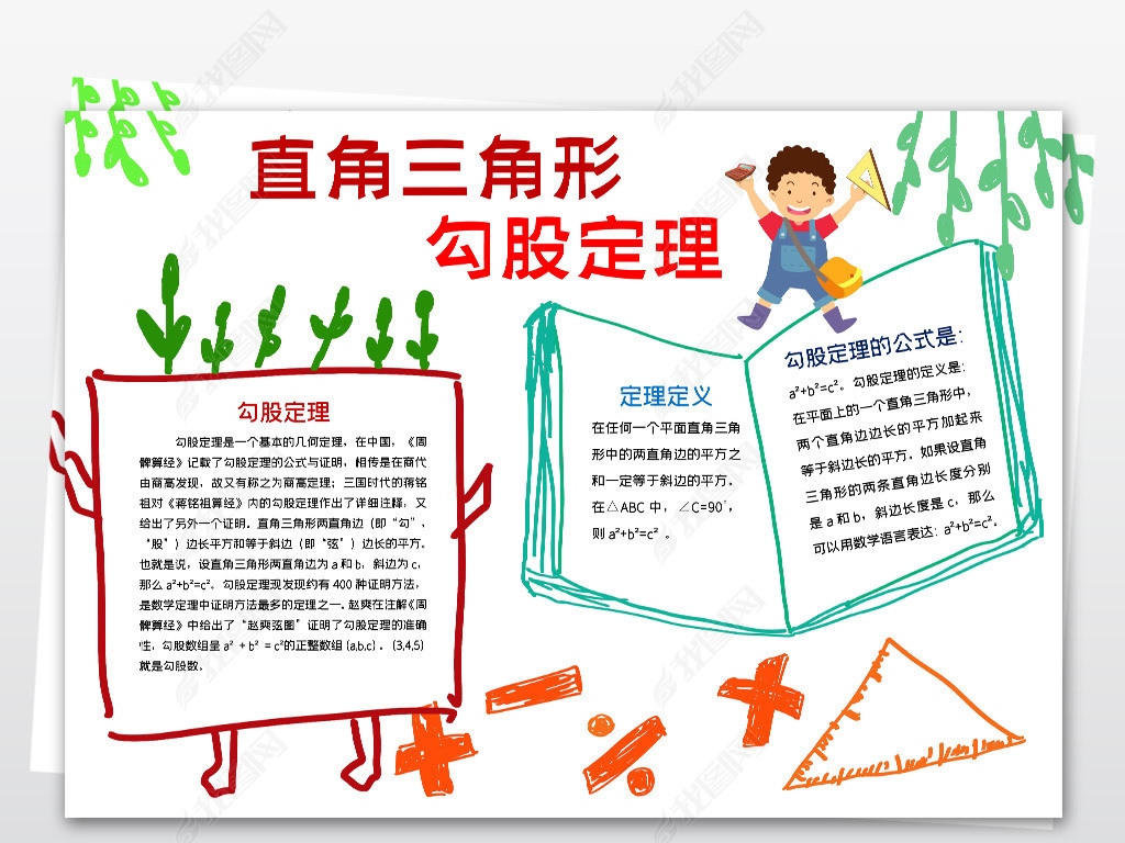 原创勾股定理小报模板我爱数学线描手抄报素材版权可商用