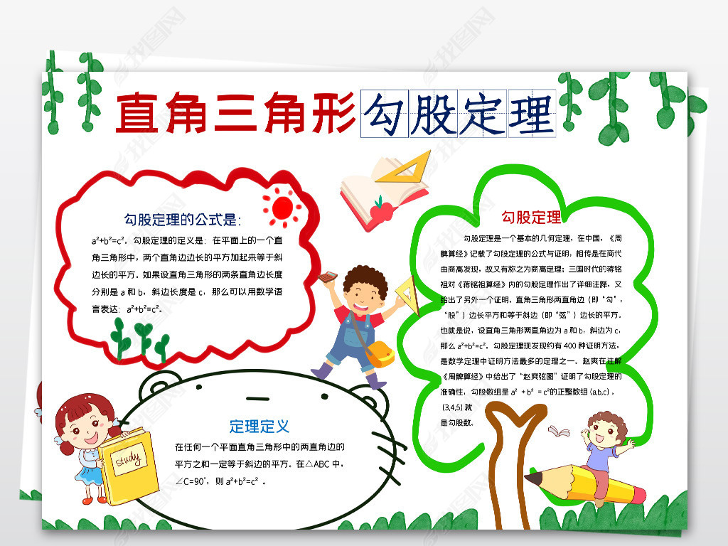 原创勾股定理小报数学手抄报清新卡通数学小报模板版权可商用