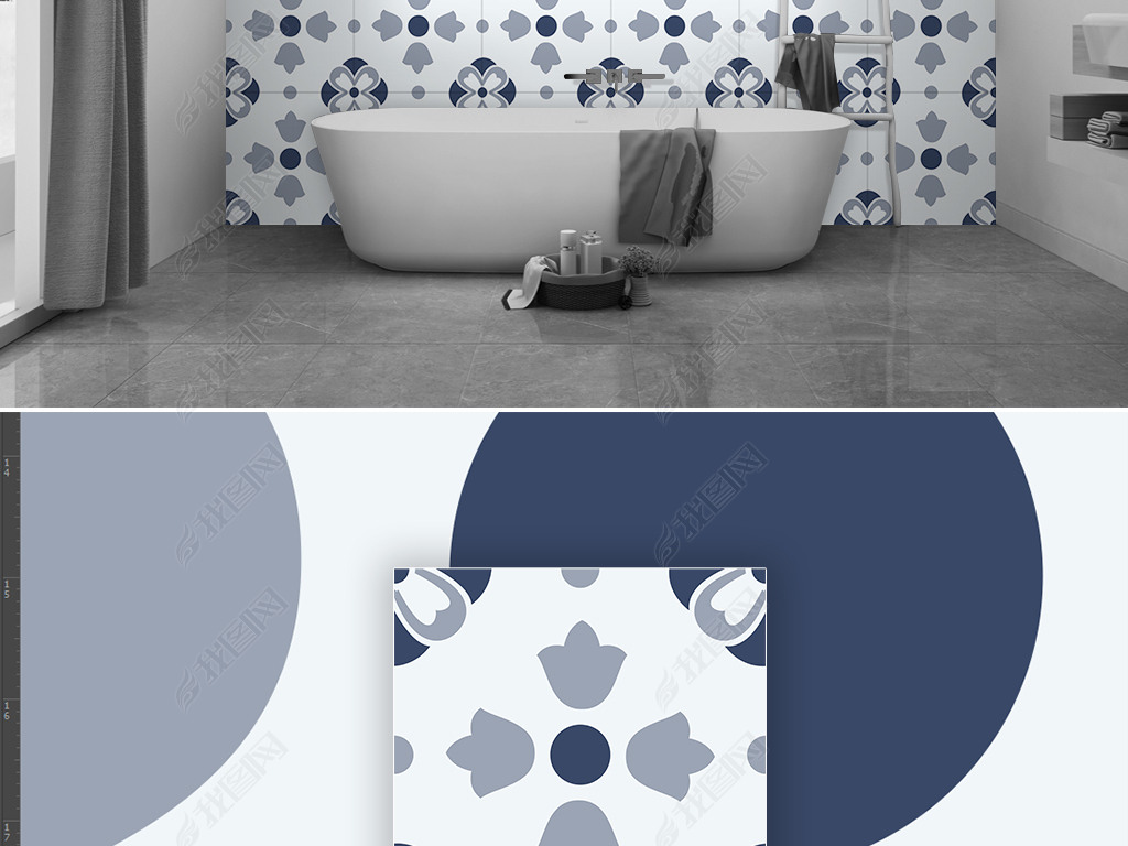 原创北欧ins抽象几何花纹花朵蓝色阳台花砖地砖版权可商用