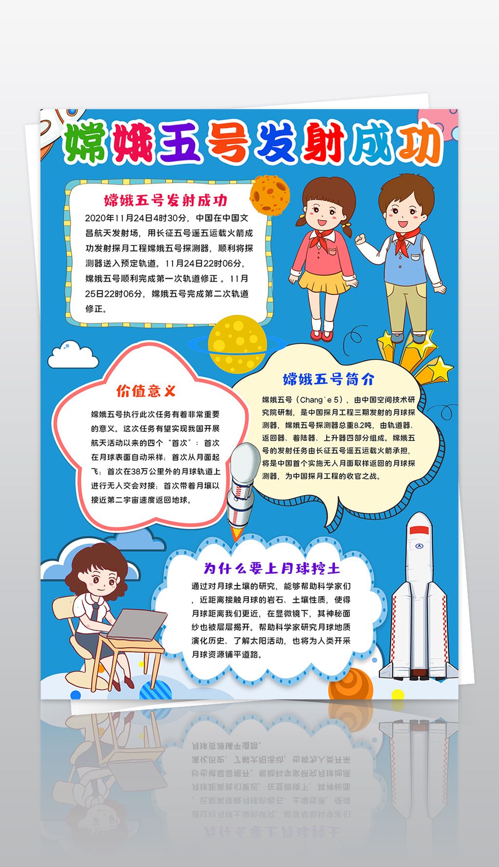 嫦娥五号发射成功小报航天科技探索宇宙登月球小报手抄报