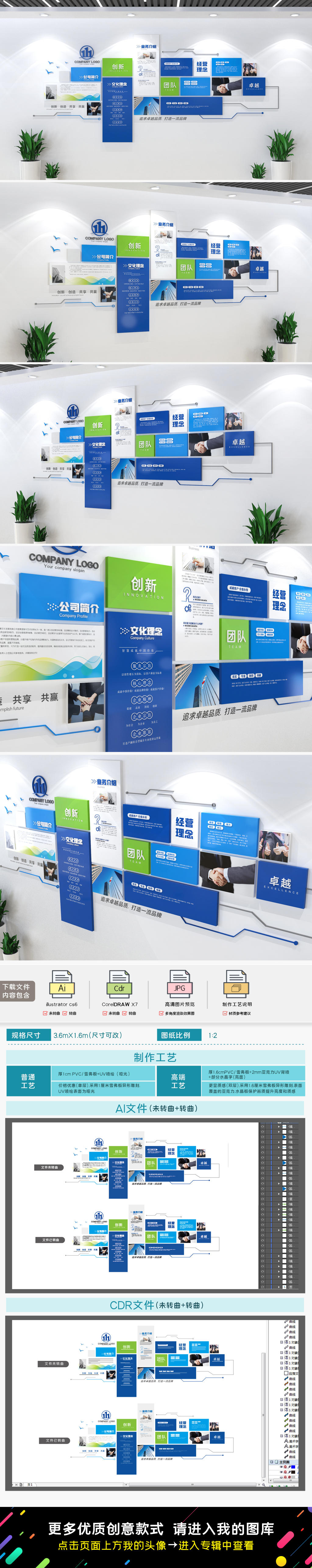 蓝色科技企业文化墙办公室宣传栏设计