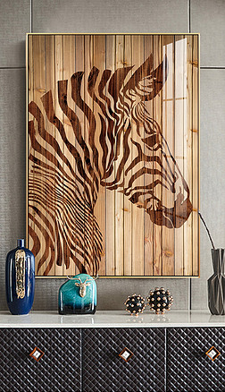 北欧木纹木版画斑马动物装饰画壁画