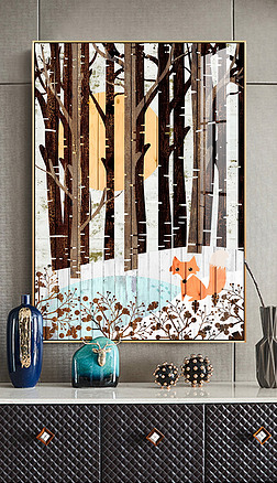 细木板装饰装饰画|北欧森林动物松树木板木纹装饰画挂画