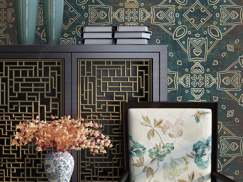 新中式复古花纹渐变客厅卧室壁纸图案墙纸电视背景墙墙布