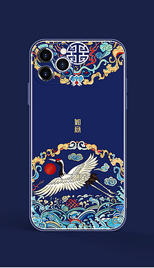 原创中国风国潮插画海浪仙鹤浮雕手机壳创意设计