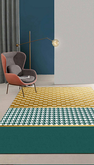 北欧简约爱马仕抽象鎏金线条千鸟格地毯地垫