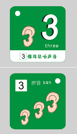 数字3早教卡片认识字神器认识耳朵拼音拼读训练早教卡片