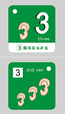 数字3早教卡片认识字神器认识耳朵拼音拼读训练早教卡片
