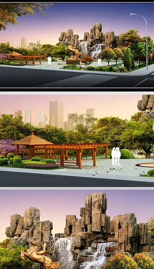 公园景区假山广场水系景观效果图PSD分层源文件设计素材