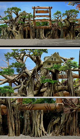 主题乐园风景区古树榕树景观大门效果图psd源文件设计素材