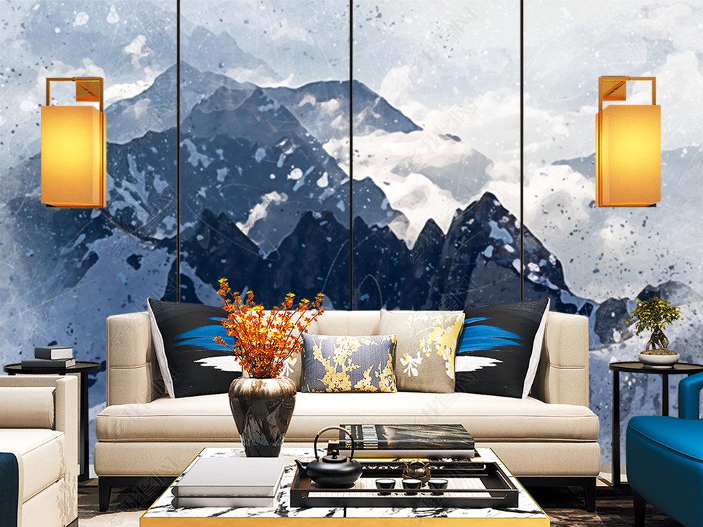 水彩雪山下载-编号24129631-电视背景墙-我图网