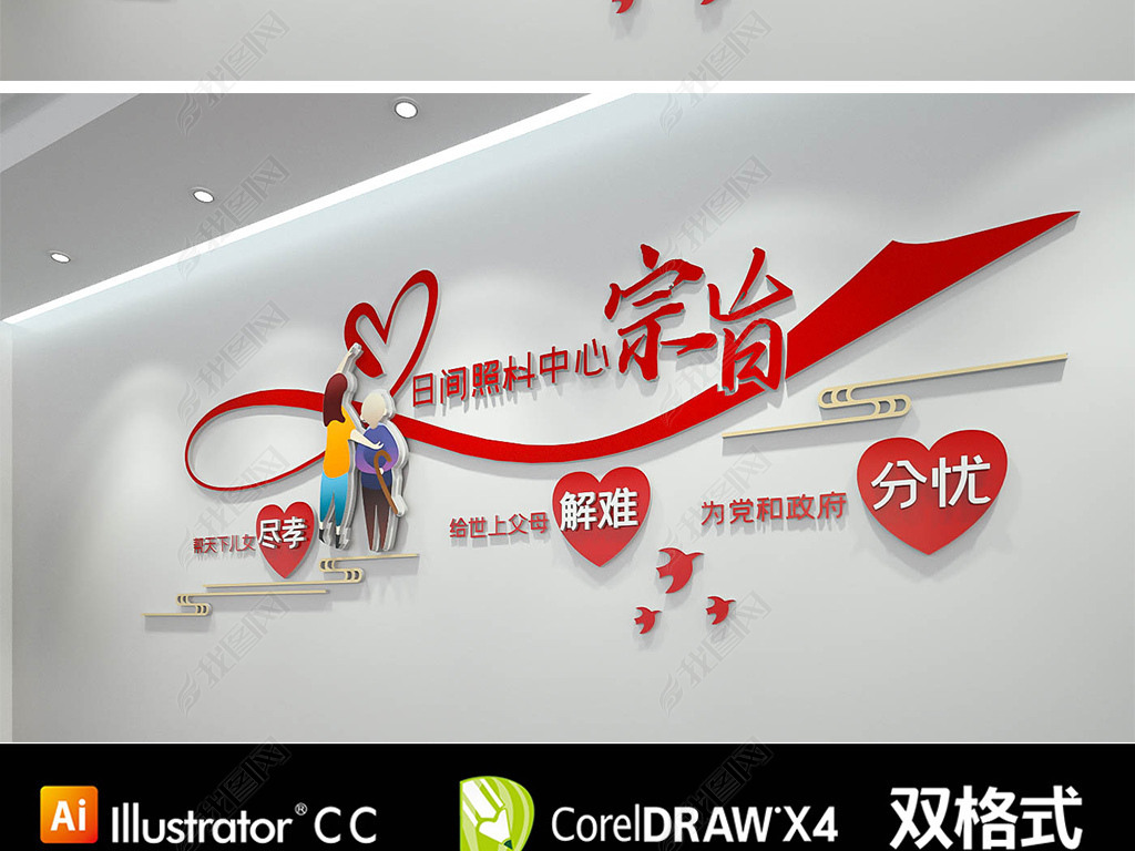原创敬老院养老院社区养老服务中心服务宗旨文化墙版权可商用