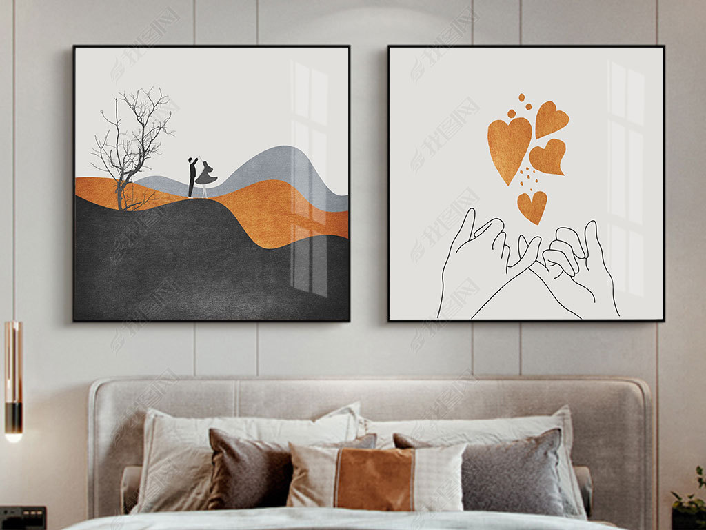 原创现代简约轻奢温馨浪漫情侣爱情橙色卧室抽象装饰画版权可商用