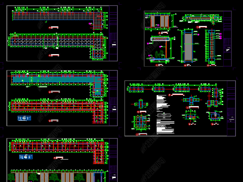 2套新中式风雨连廊景观亭廊cad施工图