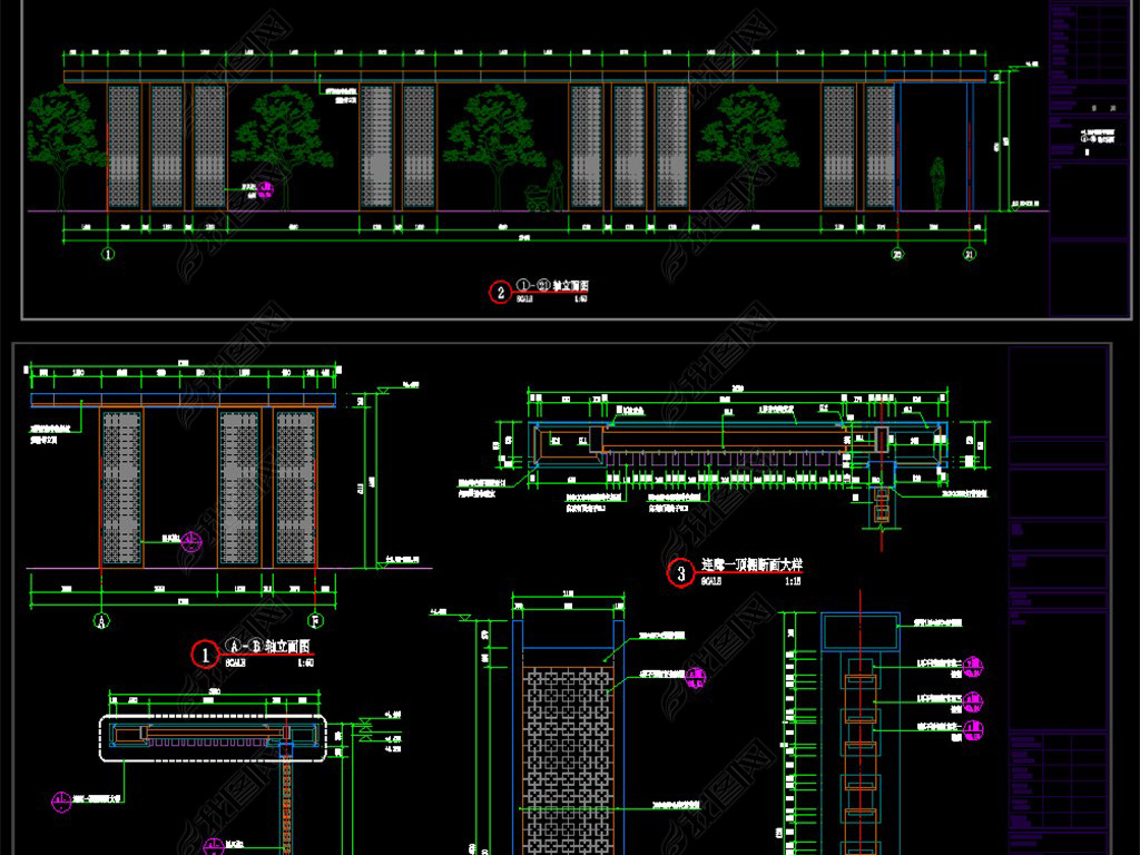 2套新中式风雨连廊景观亭廊cad施工图
