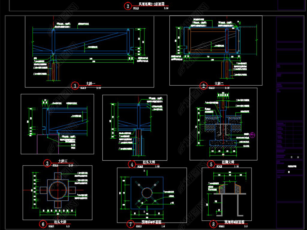 2套新中式风雨连廊景观亭廊cad施工图