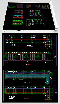 2套新中式风雨连廊景观亭廊cad施工图