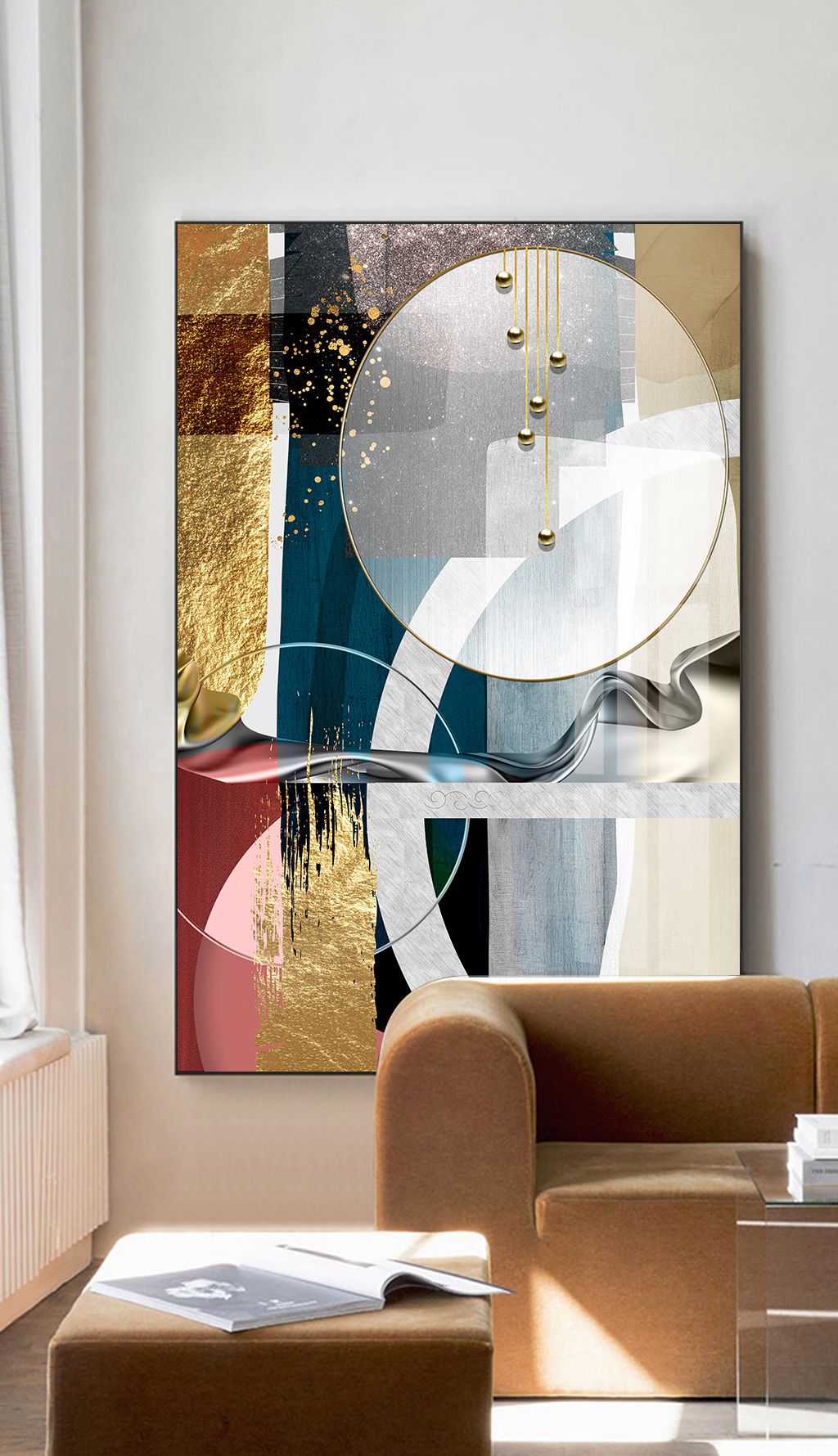 北欧轻奢简约抽象立体几何线条光影空间创意晶瓷玄关装饰画金箔画