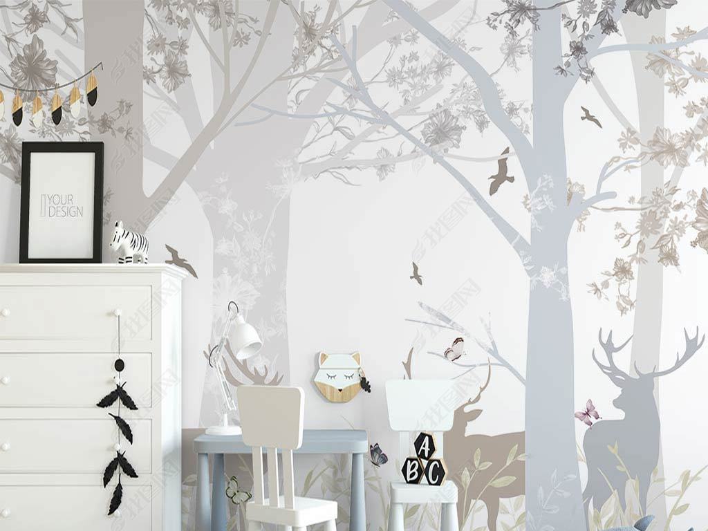 北欧ins手绘抽象树林麋鹿小清新植物树林卡通儿童房背景墙