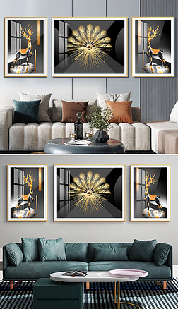 现代轻奢麋鹿风景抽象几何三联装饰画