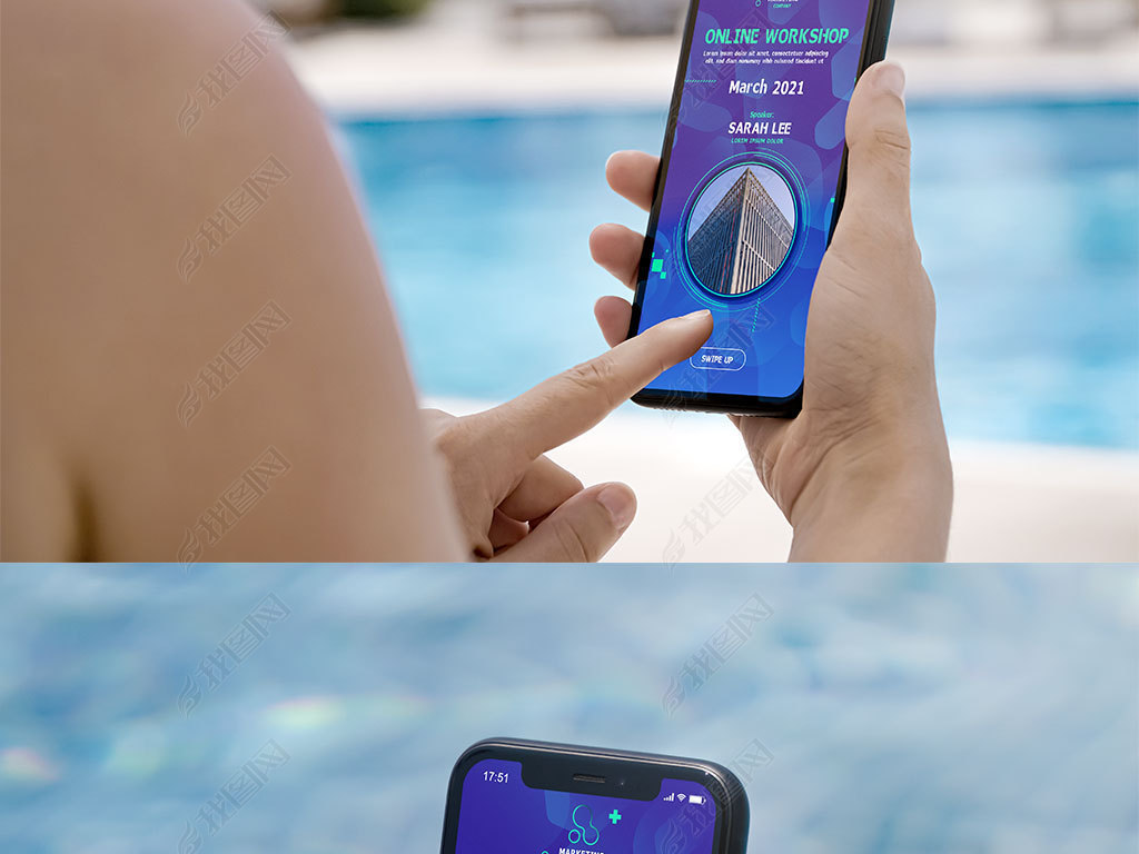 游泳池女士手拿手机ui界面app展示样机