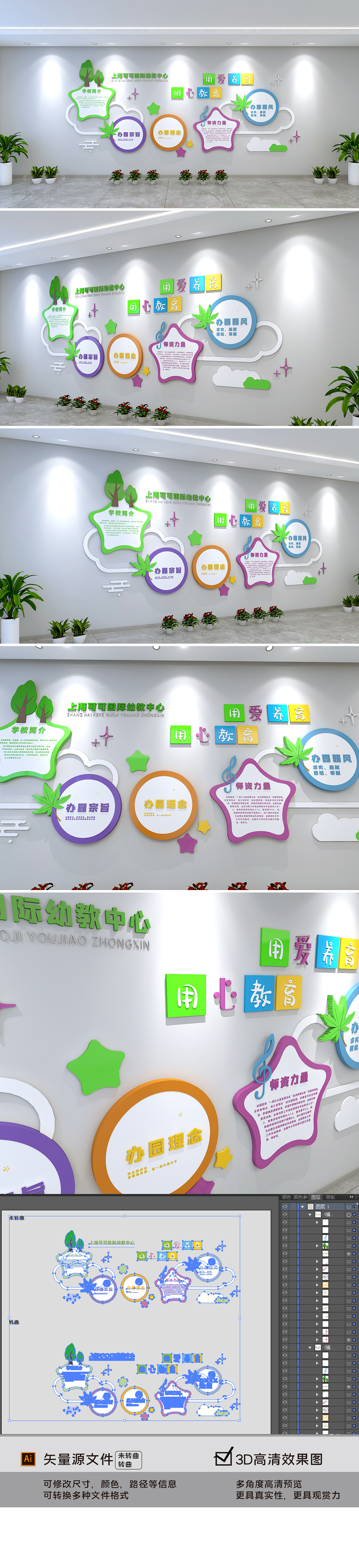 原创清新卡通校园文化墙大树云朵创意中小学幼儿园学校文化墙设计