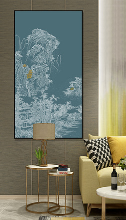 手绘烫金壁画装饰画|新中式线描山水壁画装饰画手绘线条山水挂画
