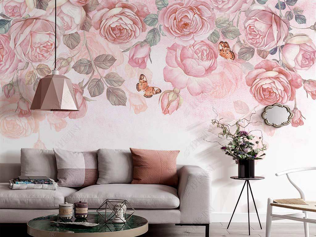 北欧ins手绘粉色香槟玫瑰花美式田园花朵粉色室内背景墙