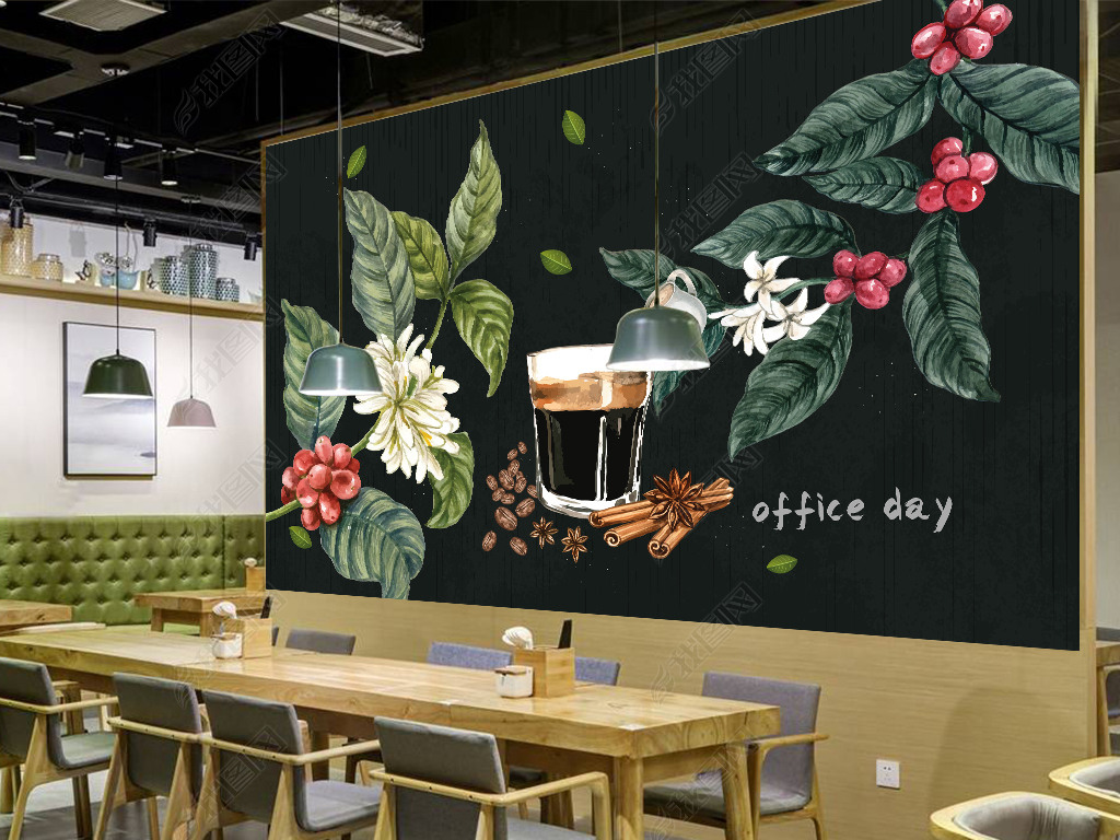 原创经典简约手绘美食咖啡豆黑板餐厅酒店工装壁画背景墙版权可商用