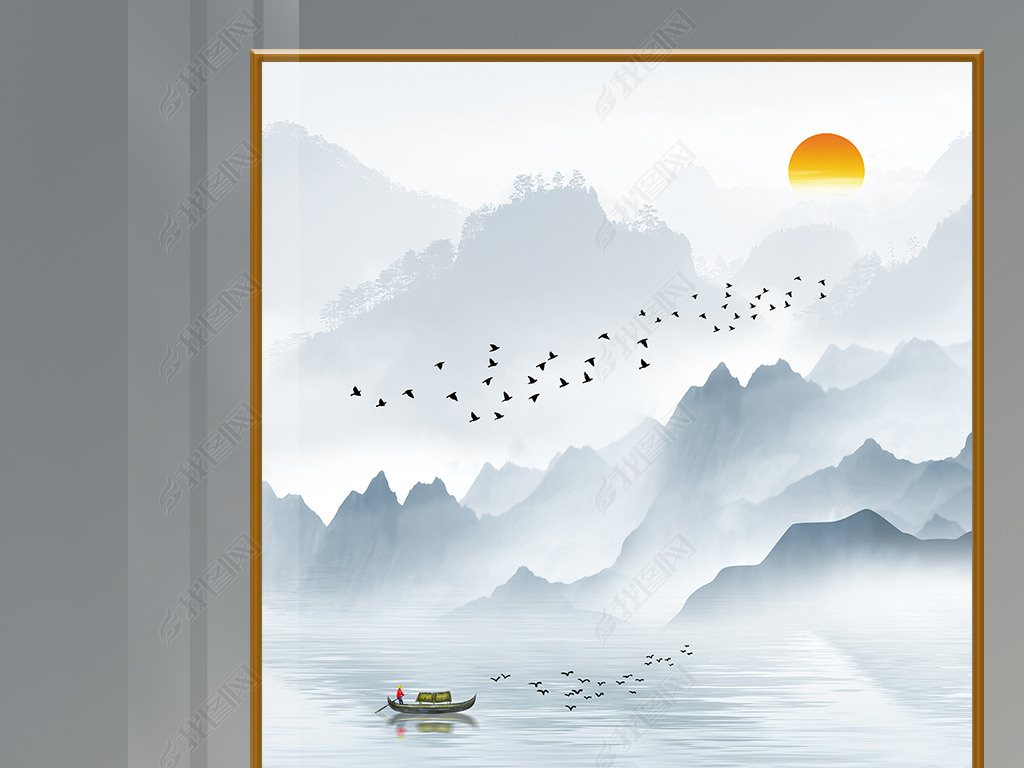 原创现代简约山水画新中式装饰画玄关版权可商用