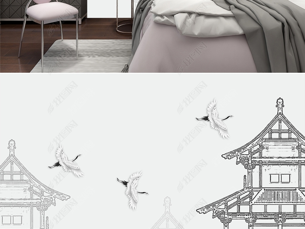 新中式线条古建筑线描建筑手绘白鹤壁画下载-编号24209052-中式电视背