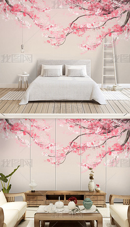 分层手绘古风樱花树背景墙新中式水墨樱花装饰画水彩樱花树