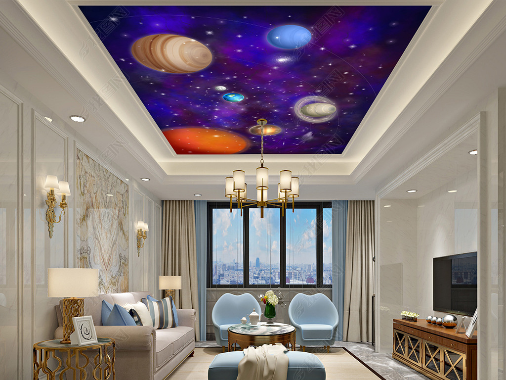 3d星空吊顶宇宙星球银河吊顶壁画卧室客厅酒店会所吊顶壁画