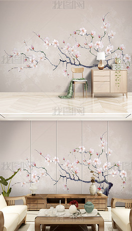 分层纯手绘素色玉兰中式手绘花鸟背景墙欧式花纹装饰画