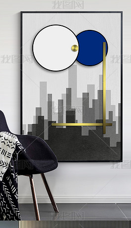 北欧现代抽象简约极简城市建筑黑白金箔几何客厅玄关走廊装饰画