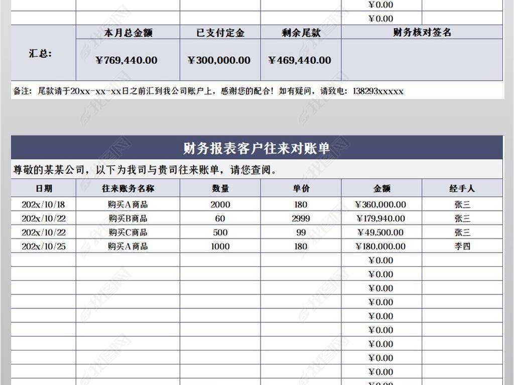 财务报表客户往来对账单