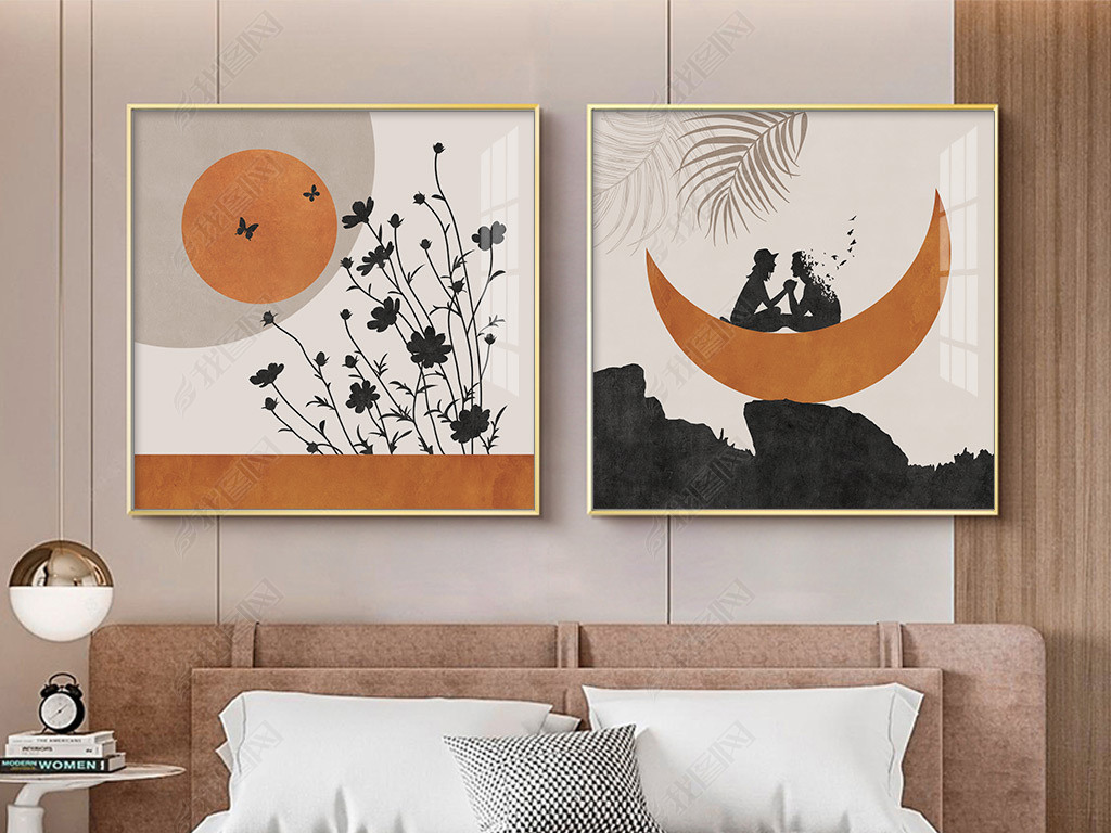 北欧现代简约手绘山水麋鹿月亮温馨爱情浪漫情侣叶子两联装饰画
