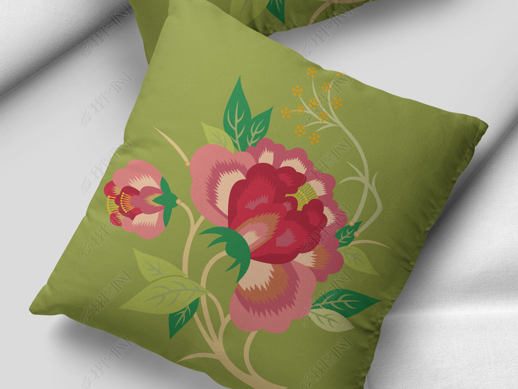 2021时尚绿色复古中国风牡丹花开刺绣图案抱枕