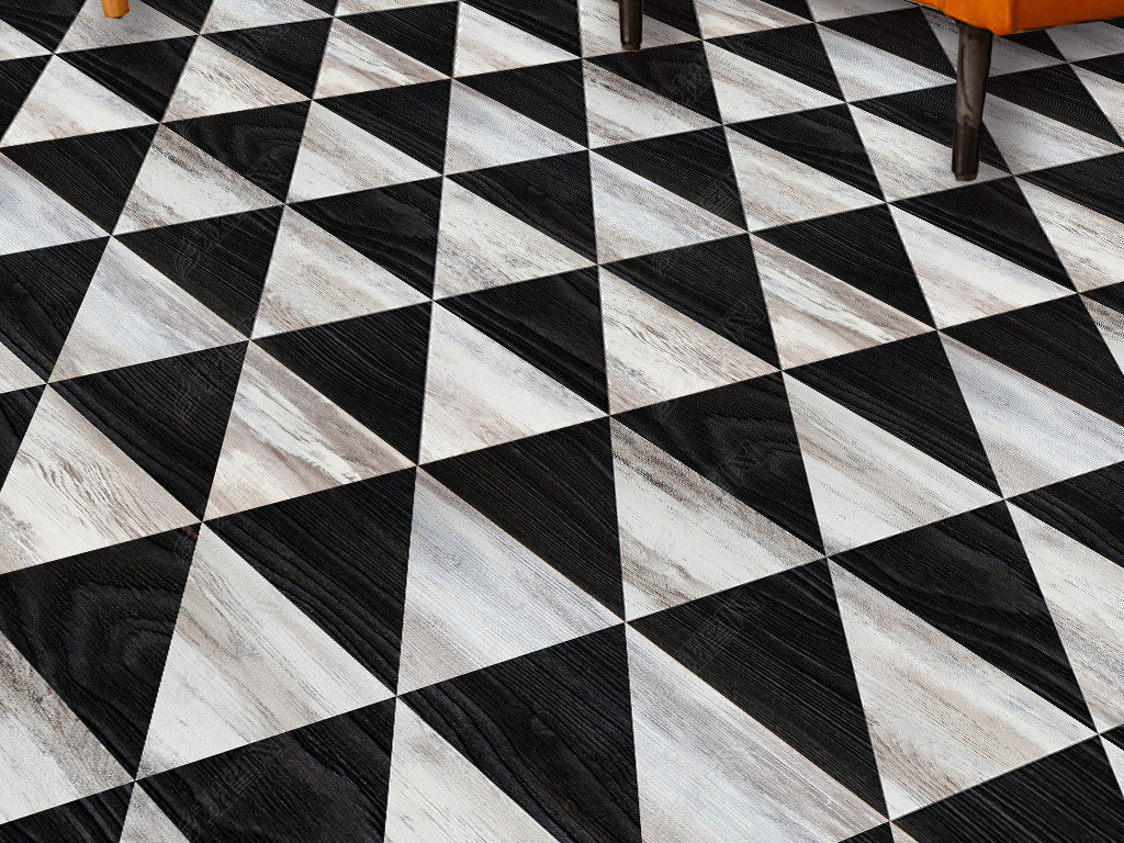 现代简约抽象几何三角错位黑白木纹地板革地毯图案