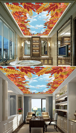 时尚梦幻天空云彩树枝树叶秋天风景3d画立体吊顶壁画
