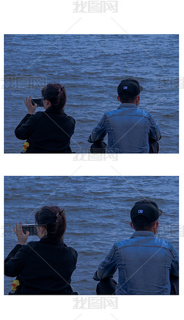 忧郁的蓝色海边男生女生背影