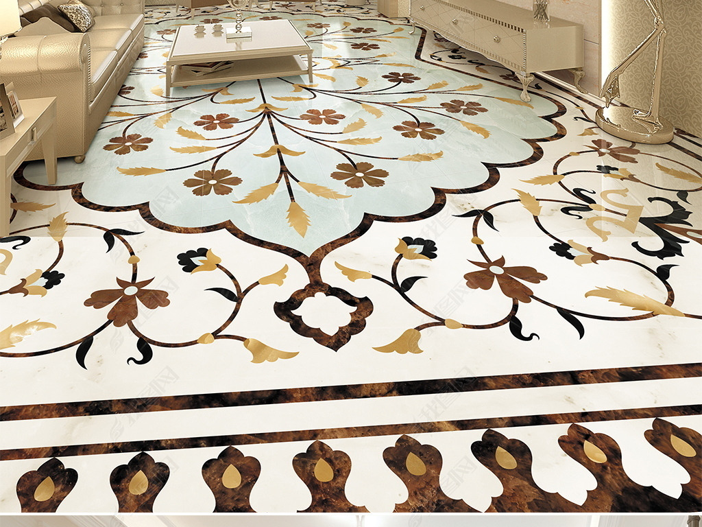 欧式花纹大理石纹地板砖地砖水刀拼花瓷砖客厅卧室地板