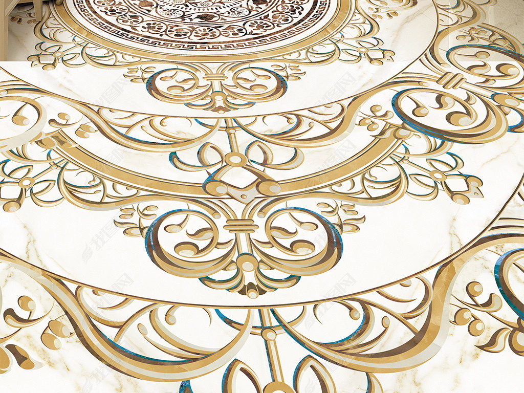 欧式复古花纹客厅卧室地板地砖水刀拼花瓷砖