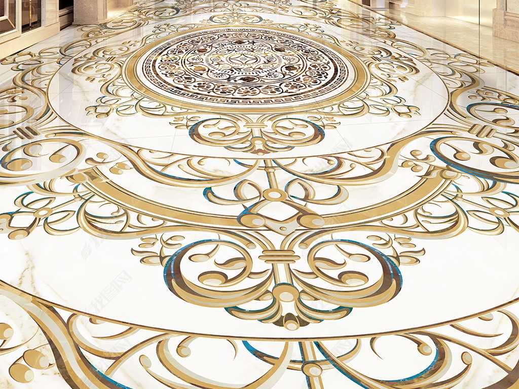 欧式复古花纹客厅卧室地板地砖水刀拼花瓷砖