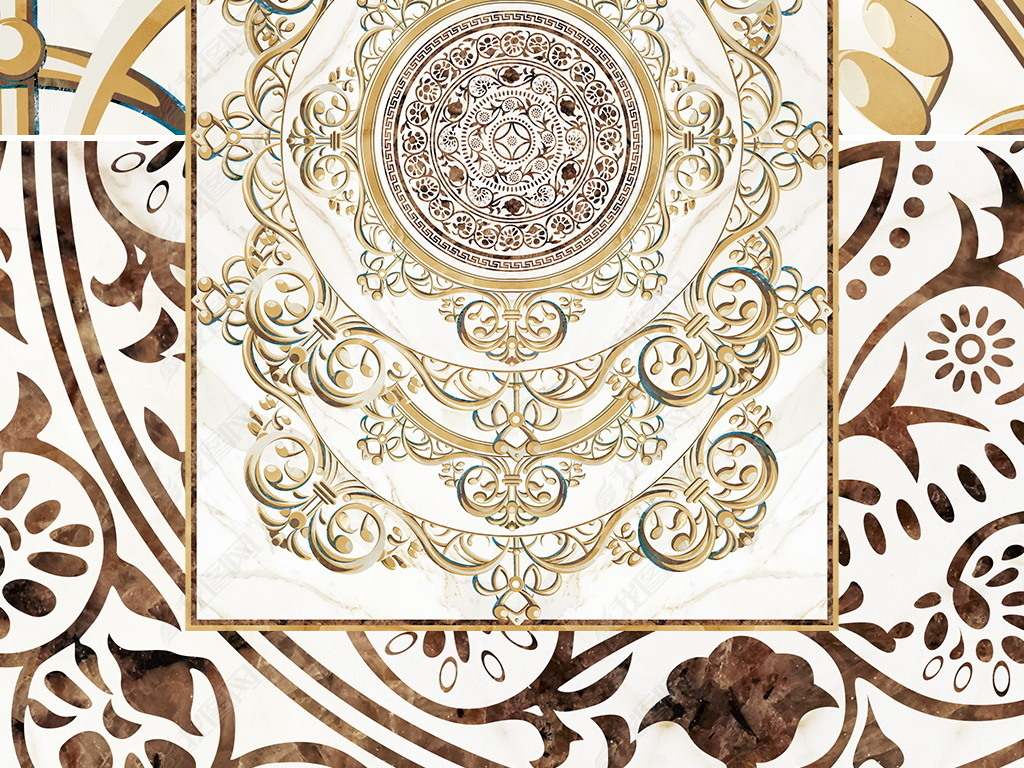 欧式复古花纹客厅卧室地板地砖水刀拼花瓷砖