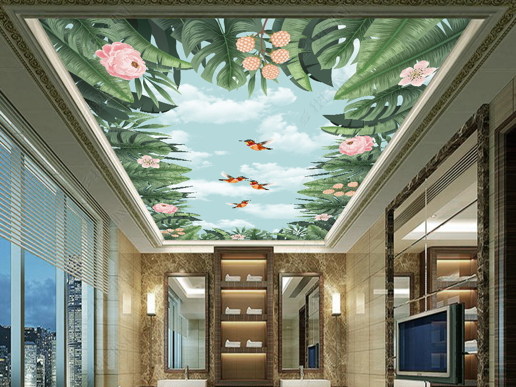清新淡雅热带植物花卉飞鸟3d画吊顶天空云彩吊顶壁画
