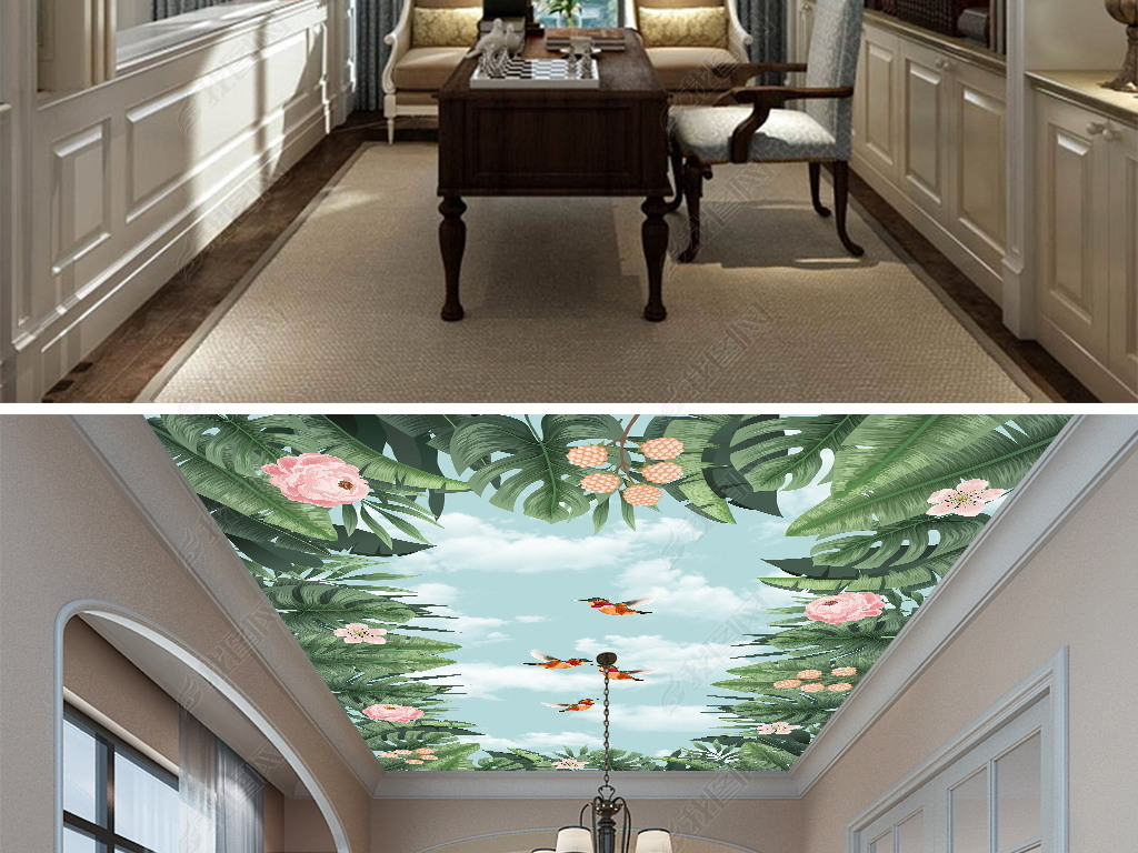 清新淡雅热带植物花卉飞鸟3d画吊顶天空云彩吊顶壁画