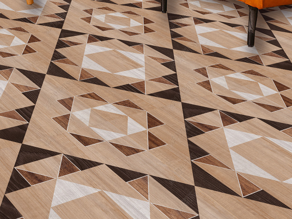 现代简约复古抽象几何错位木色三角木纹地板革地毯图案