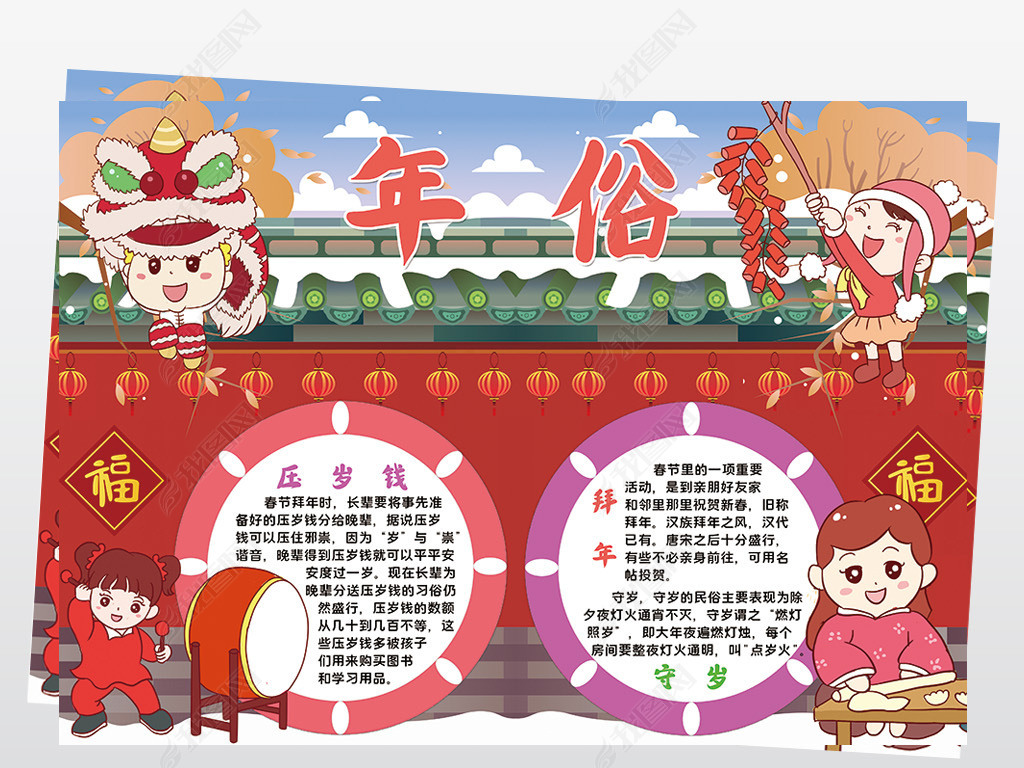 原创春节习俗小报模板2021新年民俗年俗线描手抄报素材-版权可商用